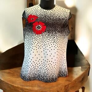 Vintage My Latest Leslie Faye Sleeveless Blouse Black Polkadot Red Flowers Sz M